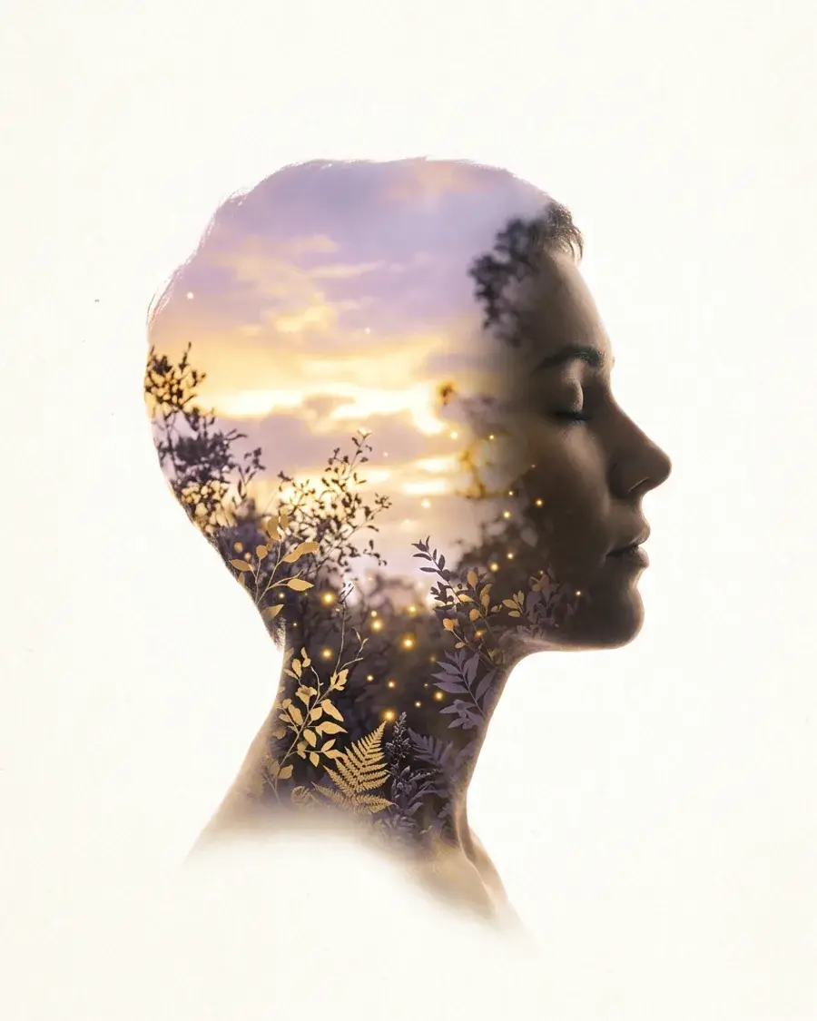 Silhueta de perfil, de olhos fechados, preenchida por um céu ao entardecer, folhagens e pontos de luz dourada