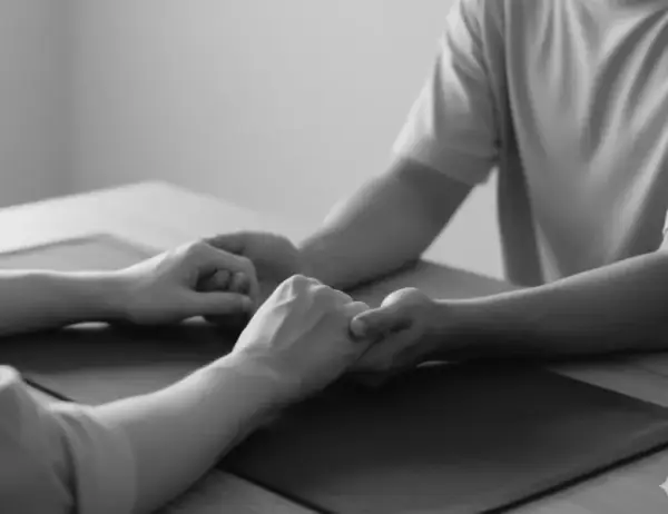 Duas pessoas de mãos dadas sobre uma mesa