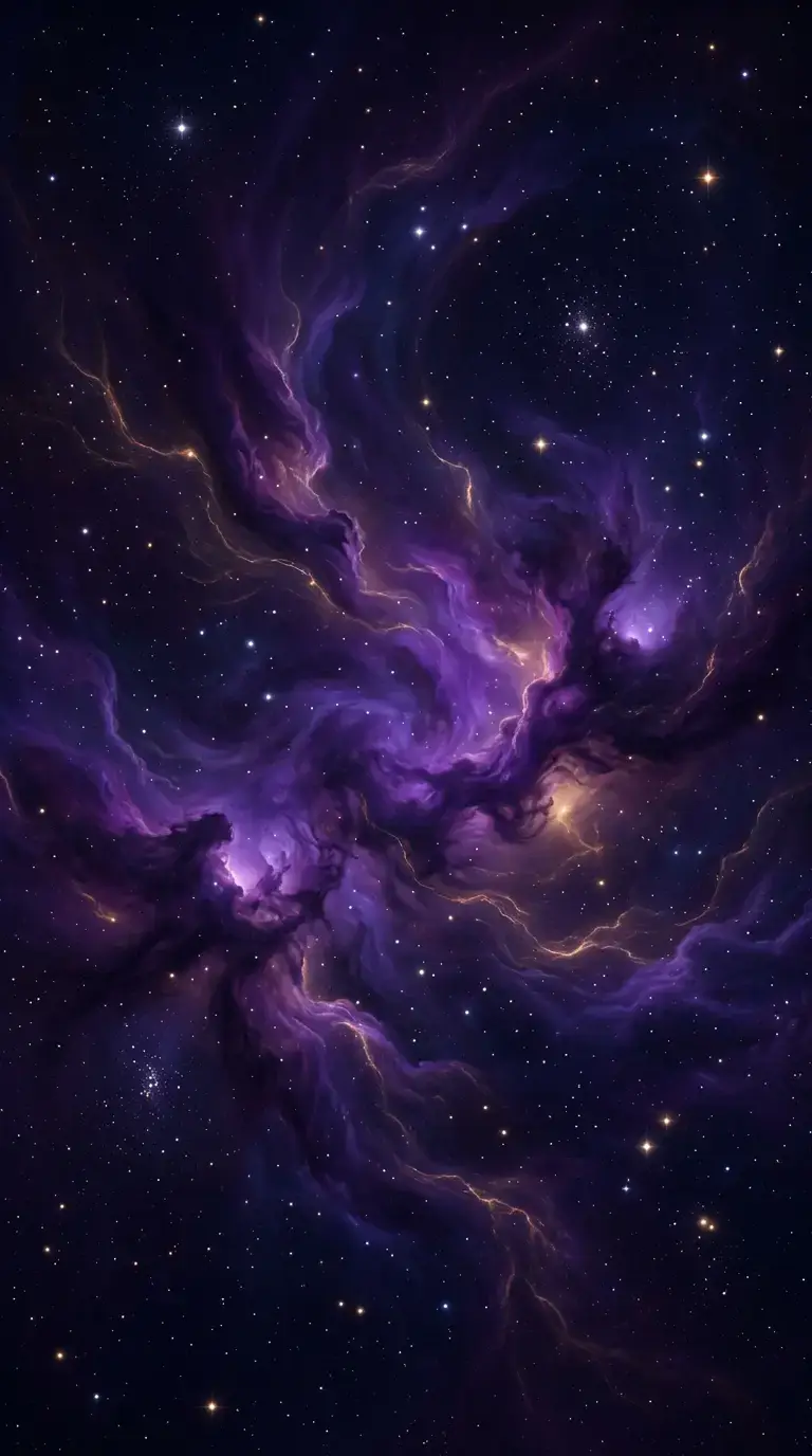 Nebulosa cósmica em tons de roxo e dourado