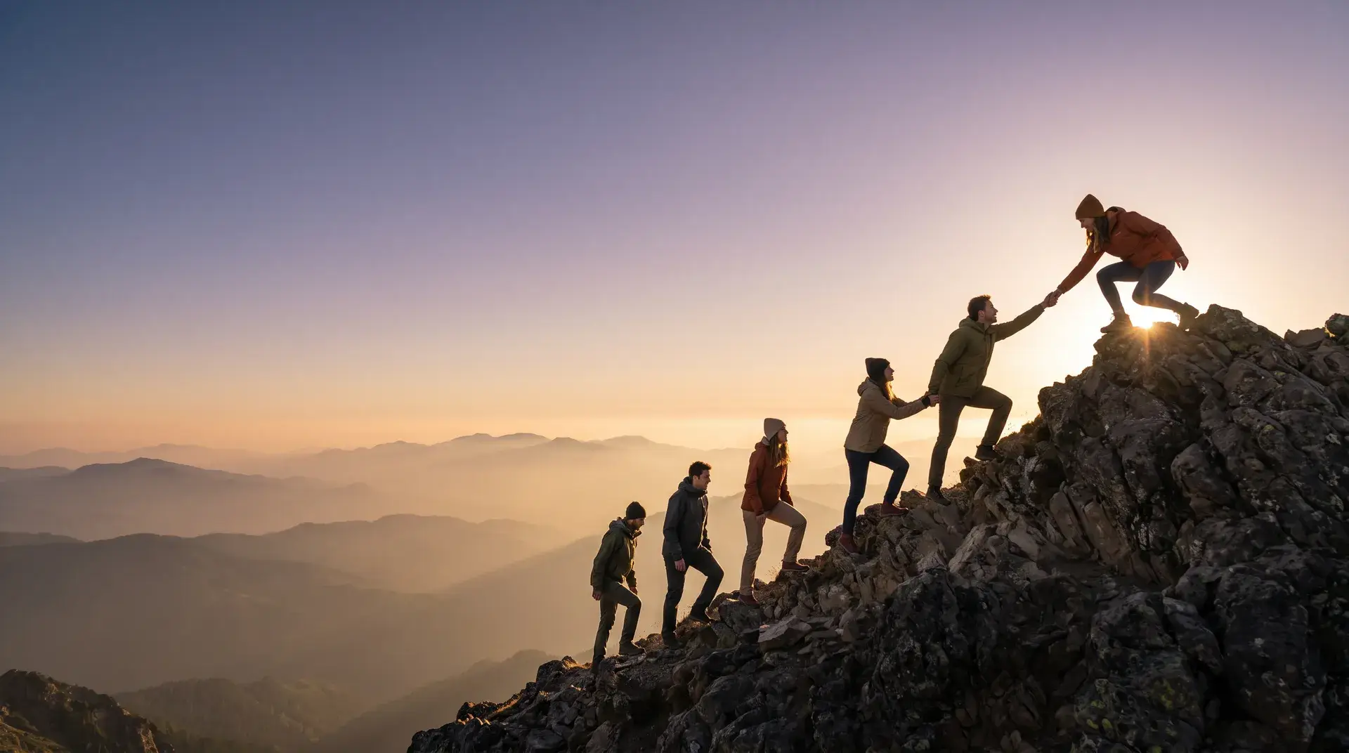 Grupo subindo uma montanha ao entardecer; quem chegou ao topo estende a mão para puxar o próximo