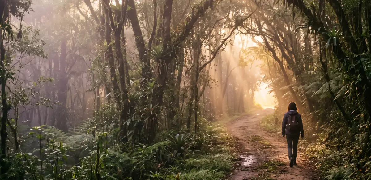 Pessoa caminhando por uma trilha na mata ao amanhecer, com névoa dourada
