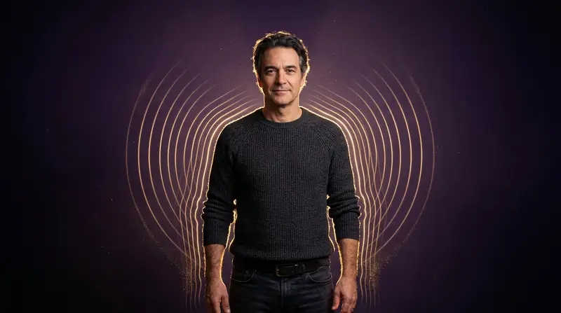 Homem com ondas de energia se propagando ao redor de sua silhueta