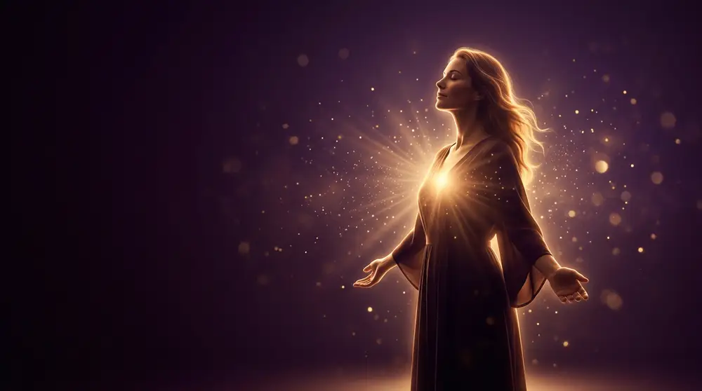 Mulher em contraluz dourada — cocriação consciente