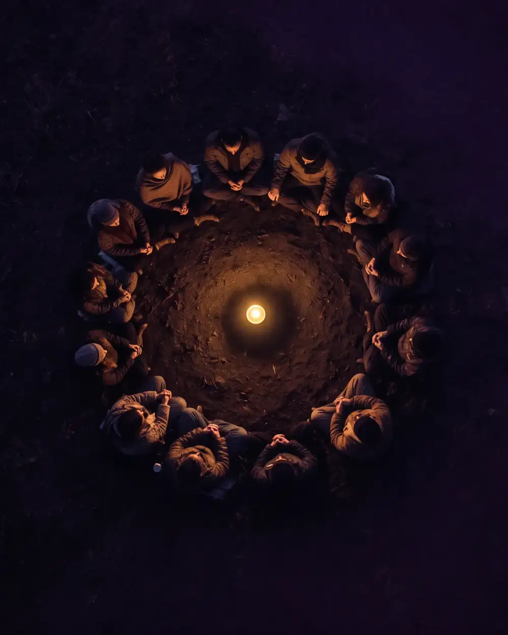 Roda de participantes ao redor de uma luz, vista de cima, durante a Imersão Cocriando Consciente