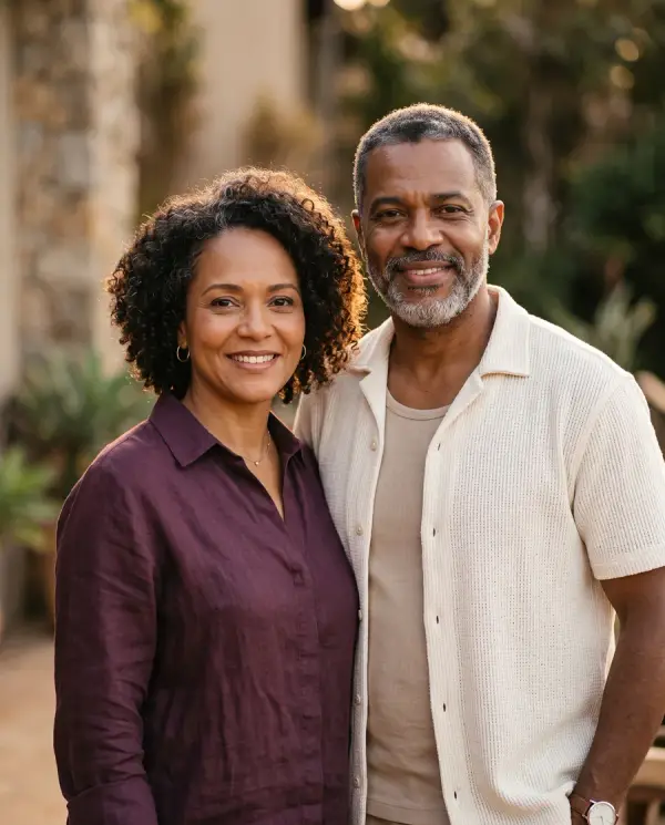 Uma mulher e um homem sorrindo lado a lado, com luz dourada de fim de tarde
