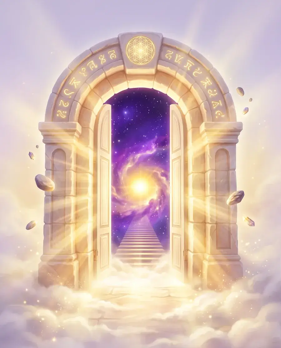 Portal de pedra em arco aberto para um céu cósmico violeta e dourado