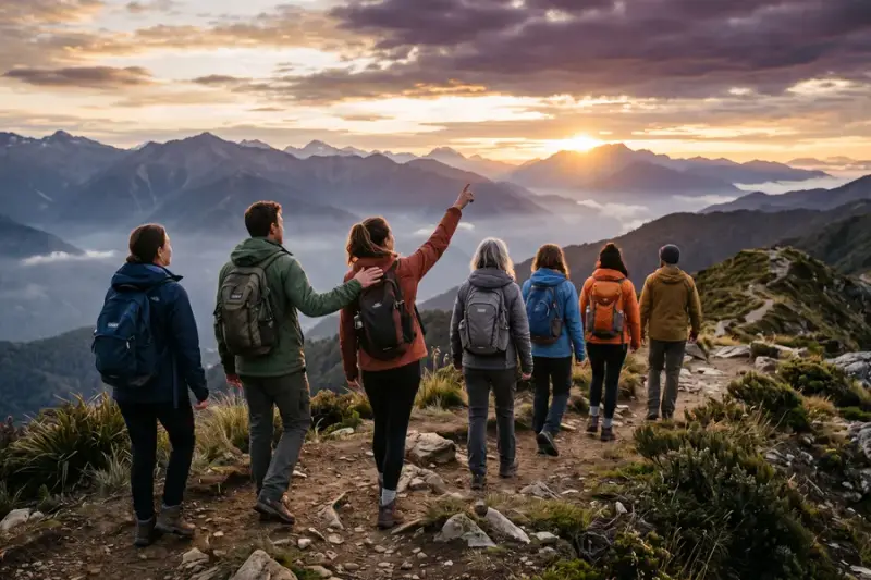 Turma caminhando junta por uma trilha de montanha ao amanhecer