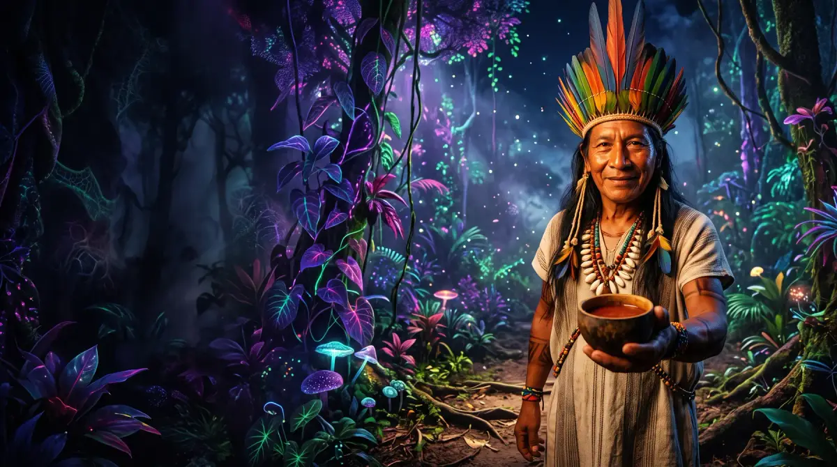 Xamã oferecendo a cuia com ayahuasca em uma floresta noturna luminosa